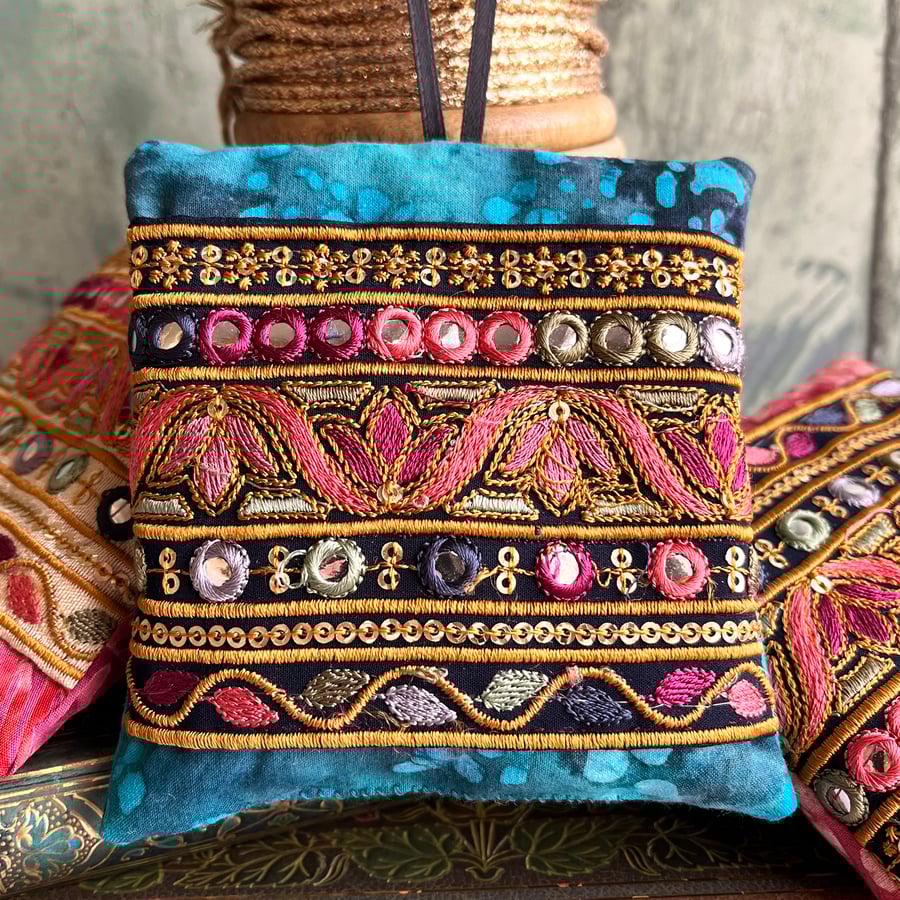 Handmade lavender bag, Indian embroidered trim, scented gift, letterbox gift