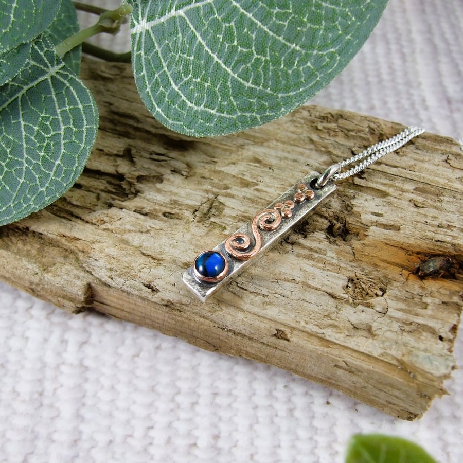 Silver Bar Necklace with Copper Coils, Beads and a Paua Shell