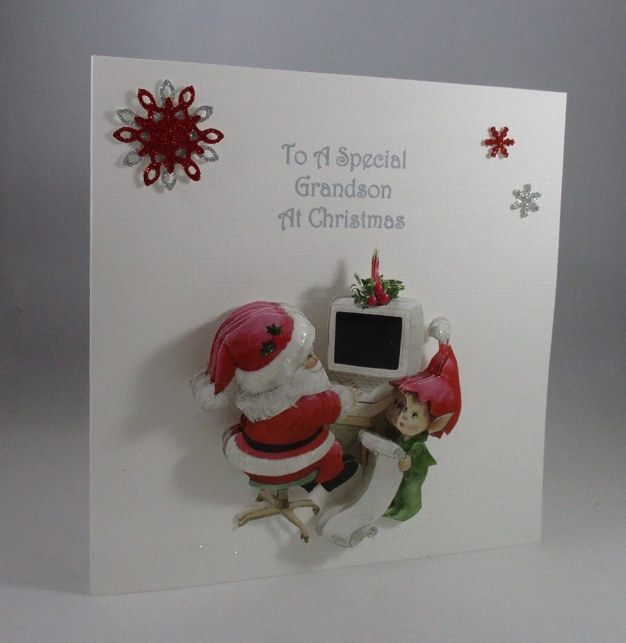 Santa at his computer Christmas Card, Decoupage, 3D, Personalise