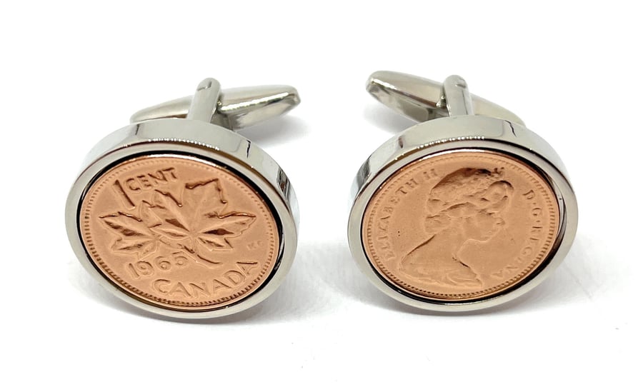 1965 60th Birthday Anniversary Canadian Cent coin cufflinks - One cent cufflink