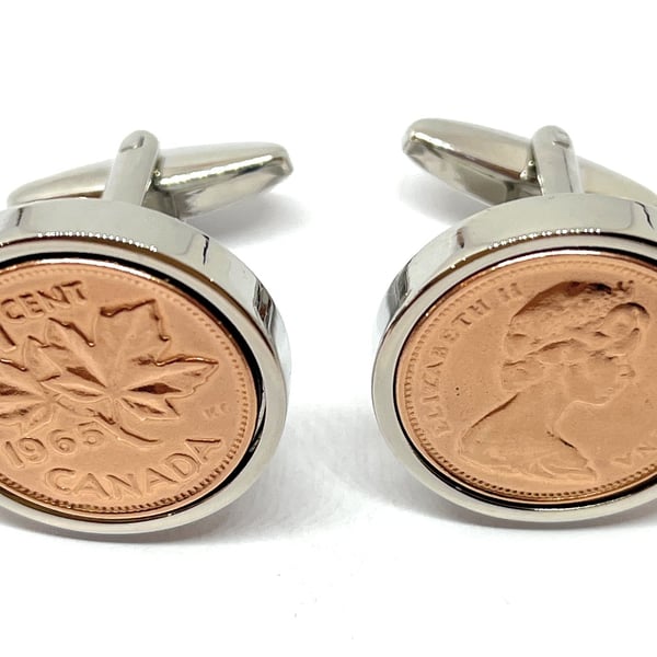 1965 60th Birthday Anniversary Canadian Cent coin cufflinks - One cent cufflink