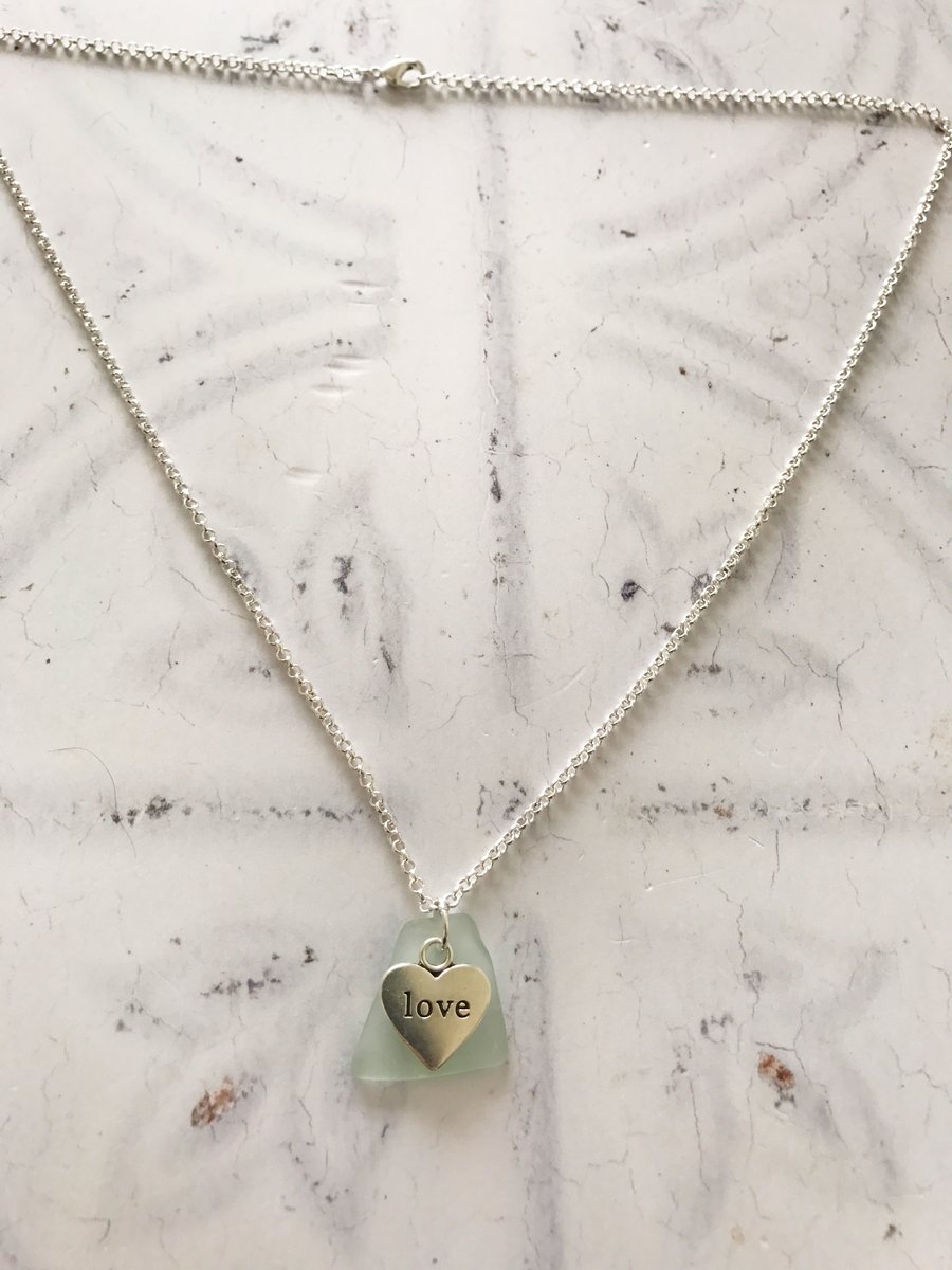 Love Heart & Pale Green Sea Glass Necklace 