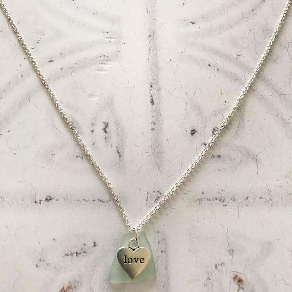 Love Heart & Pale Green Sea Glass Necklace 