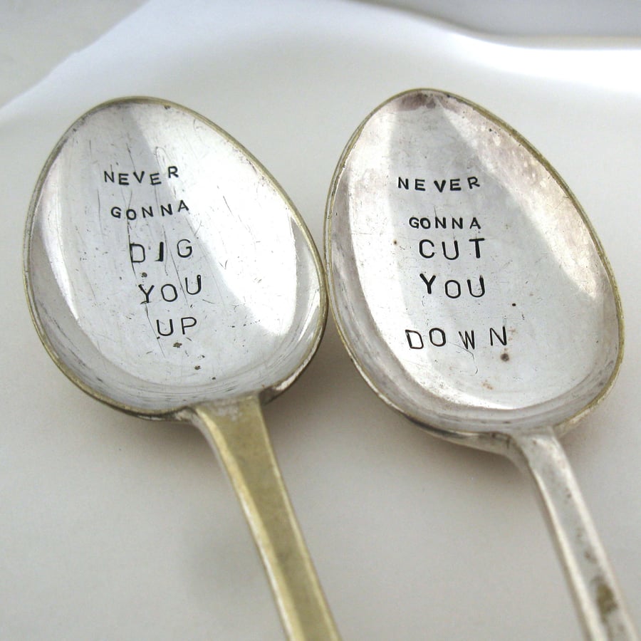 Funny plant labels, two handstamped vintage spoons, old english style