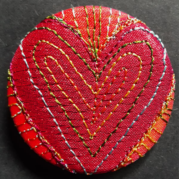 38mm Hand Dyed Fabric Heart Badge with Free Machine Embroidery 