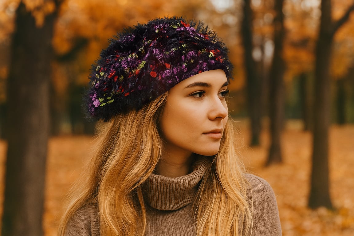 ladies beret beanie hat black speckled yarn one size