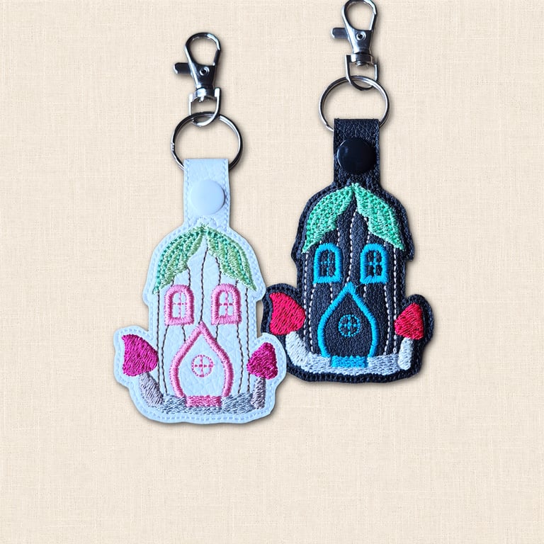 Fairy House Keyring - Embroidered Faux Leather Woodland Bag Charm