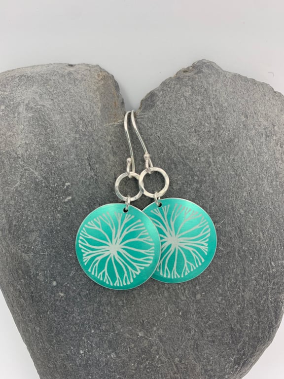 Teal aluminium circle tree earrings with silver ring