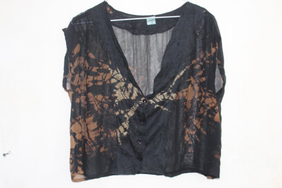 Crop chiffon blouse, Eco Ladies Vintage 90's reworked black and bronze tie dye,