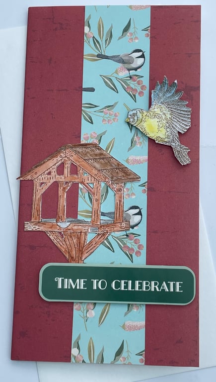 Time to celebrate flying bird and bird table birthday card