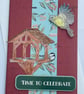 Time to celebrate flying bird and bird table birthday card