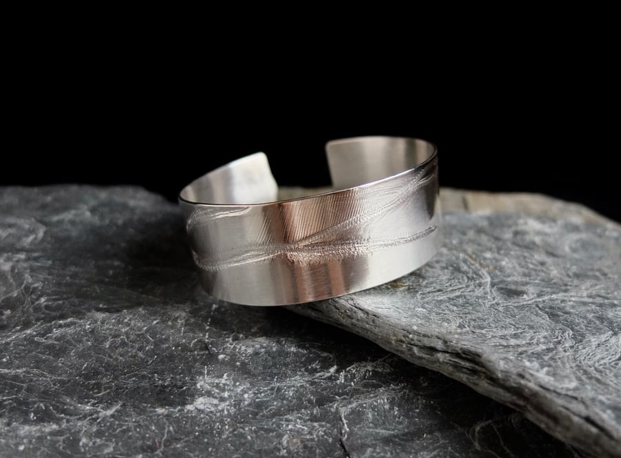 Sterling silver feather cuff bracelet - hammered silver cuff - hallmarked