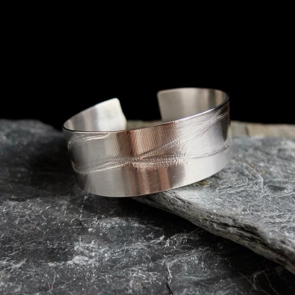 Sterling silver feather cuff bracelet - hammered silver cuff - hallmarked