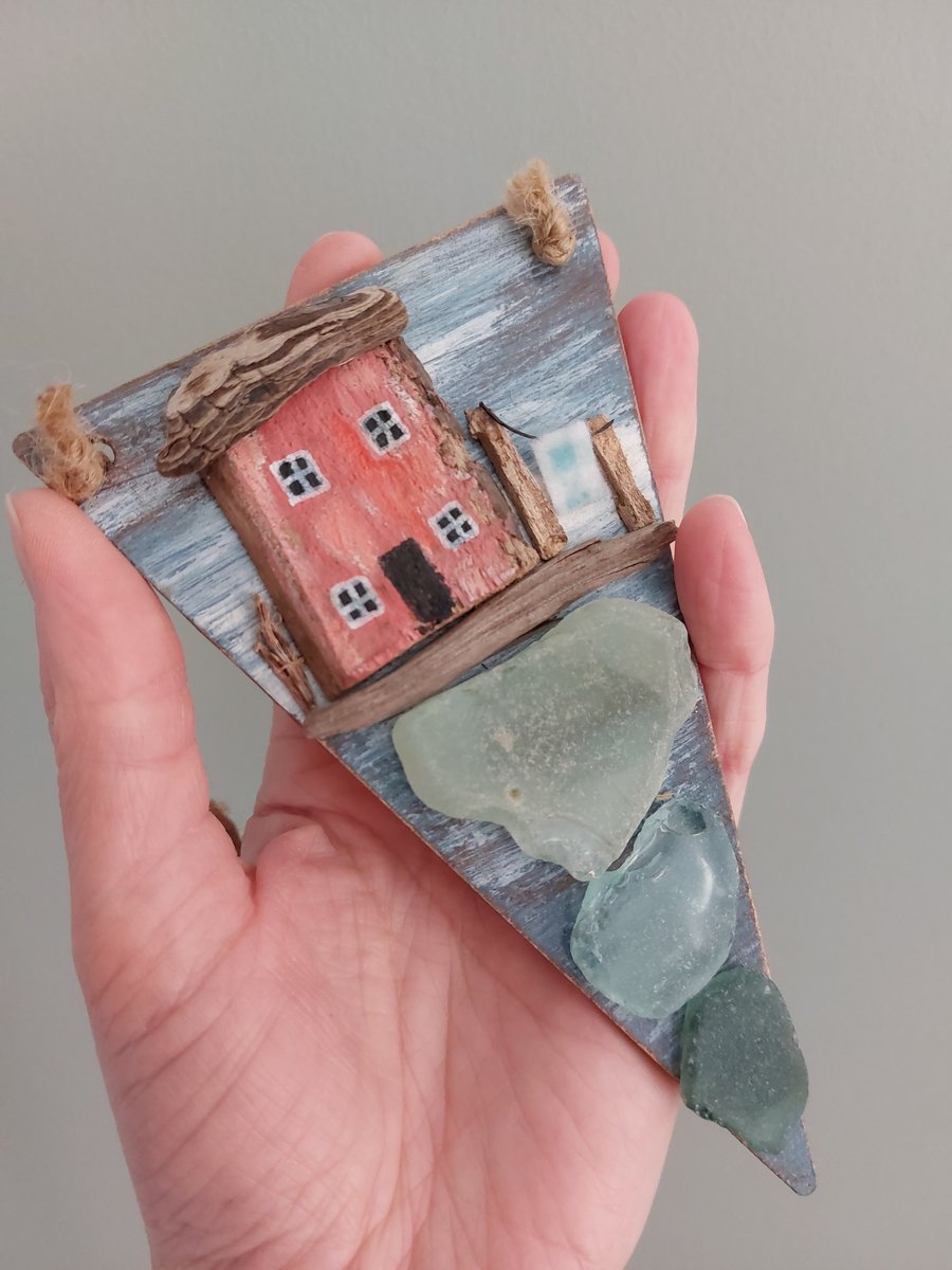Sea Glass and Driftwood 3D Art - Hanging Sustainable Decoration, Mini Houses