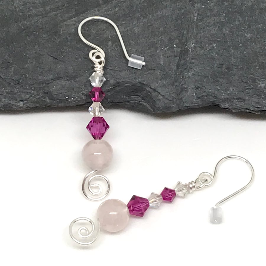 Rose Quartz Earrings, Crystals from Swarovski®, Sterling Silver, Gift For Her