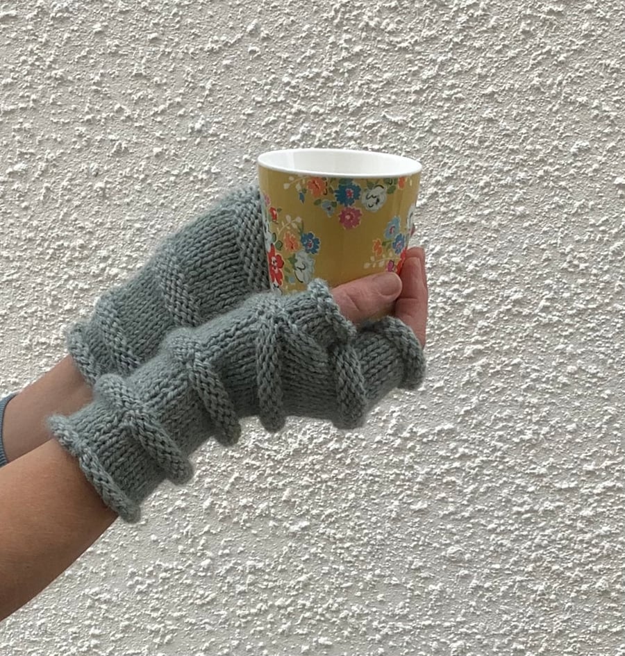 FINGERLESS MITTS , wristwarmers .'Tamar Valley'  Alpaca and wool. Pale green.