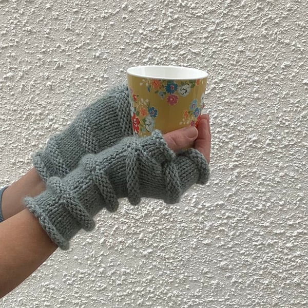 FINGERLESS MITTS , wristwarmers .'Tamar Valley'  Alpaca and wool. Pale green.