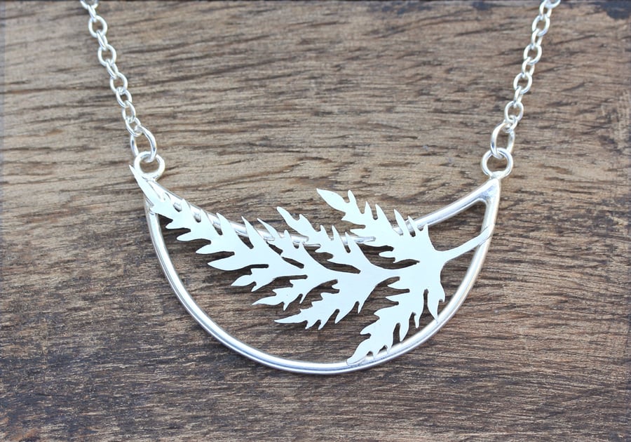 Silver Crescent Fern Necklace - Handmade Forest Fern Necklace