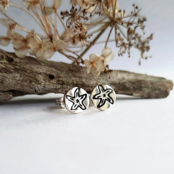 Silver Starfish Stud Earrings - Oxidised Fine Silver