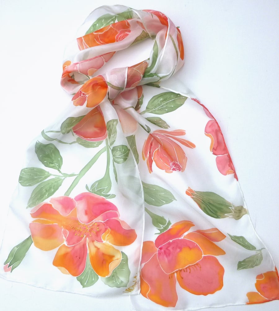 Coral Roses hand painted silk scarf 25 x 150cm