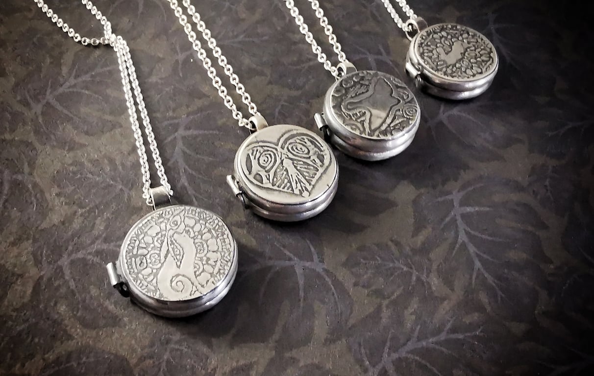 Sterling silver locket with moongazing hare, leaping hare, bird or heart motif