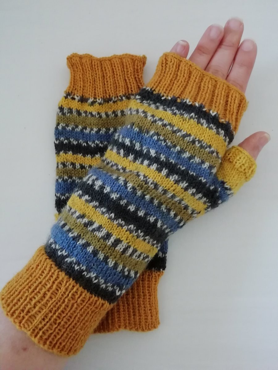 Hand knitted fingerless gloves - Blue Tits 