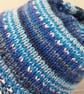 Handknit BLUES 3-5 TIE TOP BEANIE Stripey fairisle effect - Image 5