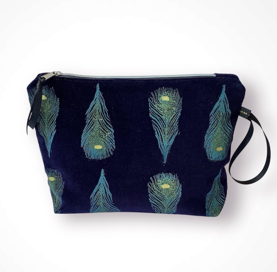 Midnight Blue Peacock Feathers Velvet Makeup Bag