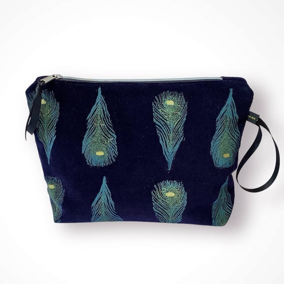 Midnight Blue Peacock Feathers Velvet Makeup Bag