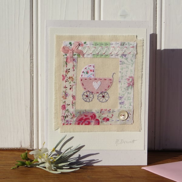 Vintage fabrics hand-stitched little pram card for new baby, antique MOP button