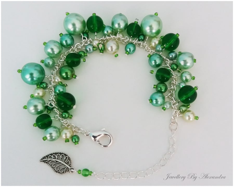 Cluster Bracelet-Green with Leaf Charm