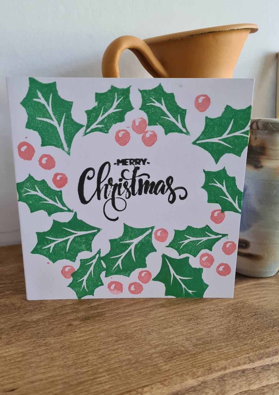 Holly Christmas card handprinted