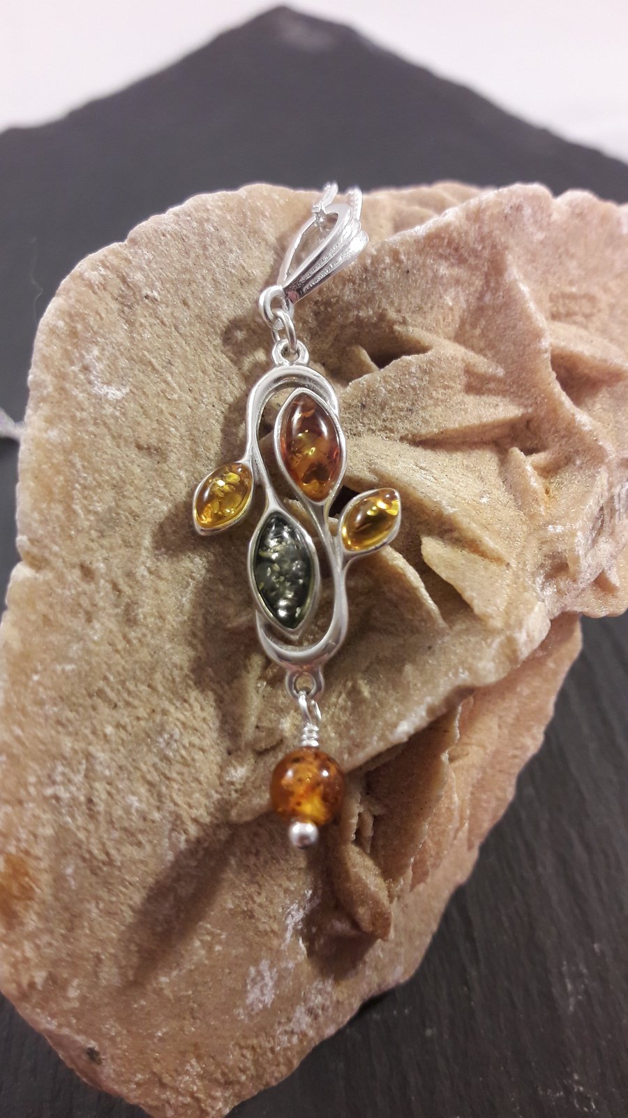 Three Colour Baltic Amber and Sterling Silver Necklace