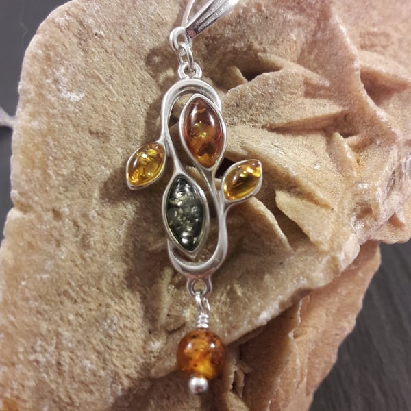 Three Colour Baltic Amber and Sterling Silver Necklace