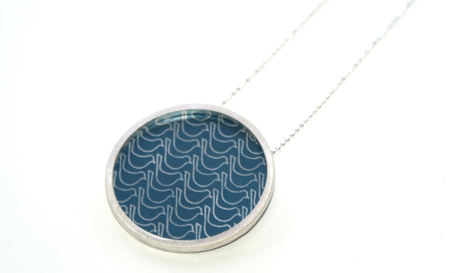 Silver and navy circle large necklace - bird pattern