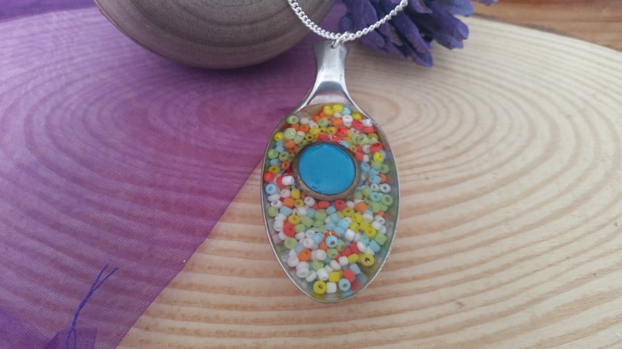 Upcycled Silver Plated Spoon Necklace With Beads and Button