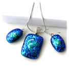 Dichroic Glass Pendant Earring Set 109 Turquoise Teal with silver plated chain