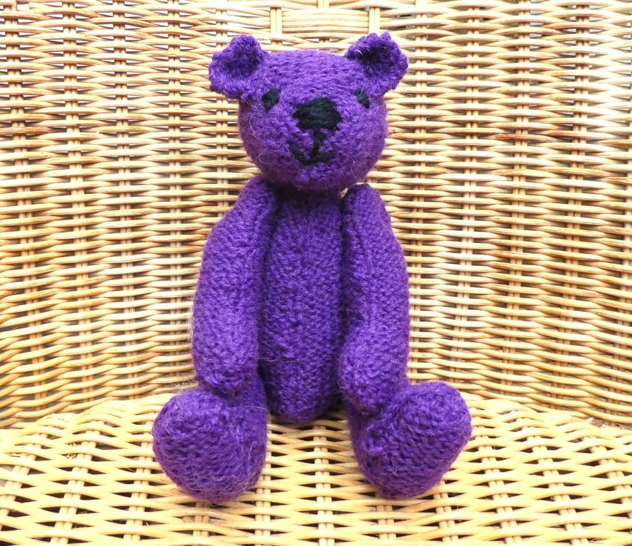 Handmade 8" Purple Teddy Bear Hand Knitted in 100% Wool