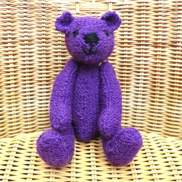Handmade 8" Purple Teddy Bear Hand Knitted in 100% Wool