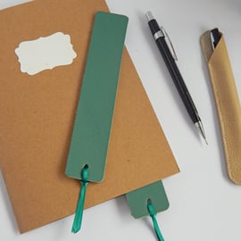 Leather Bookmark in Sea Green with teal ribbon tail. 