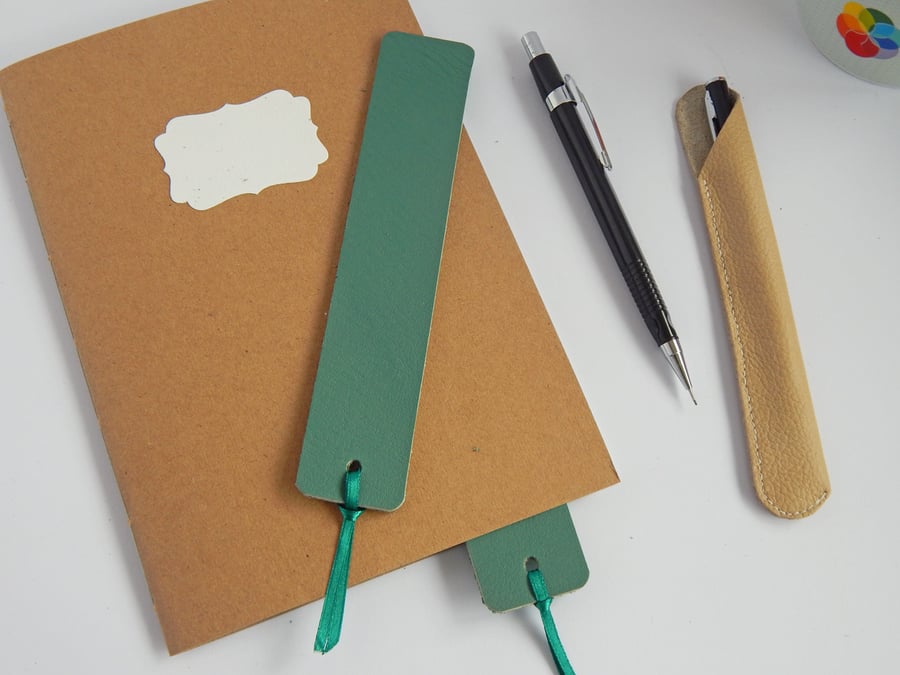Leather Bookmark in Sea Green with teal ribbon tail. 