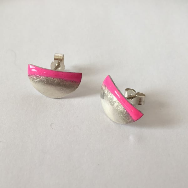 Silver Half Round Neon Pink Enamel Stud Earrings