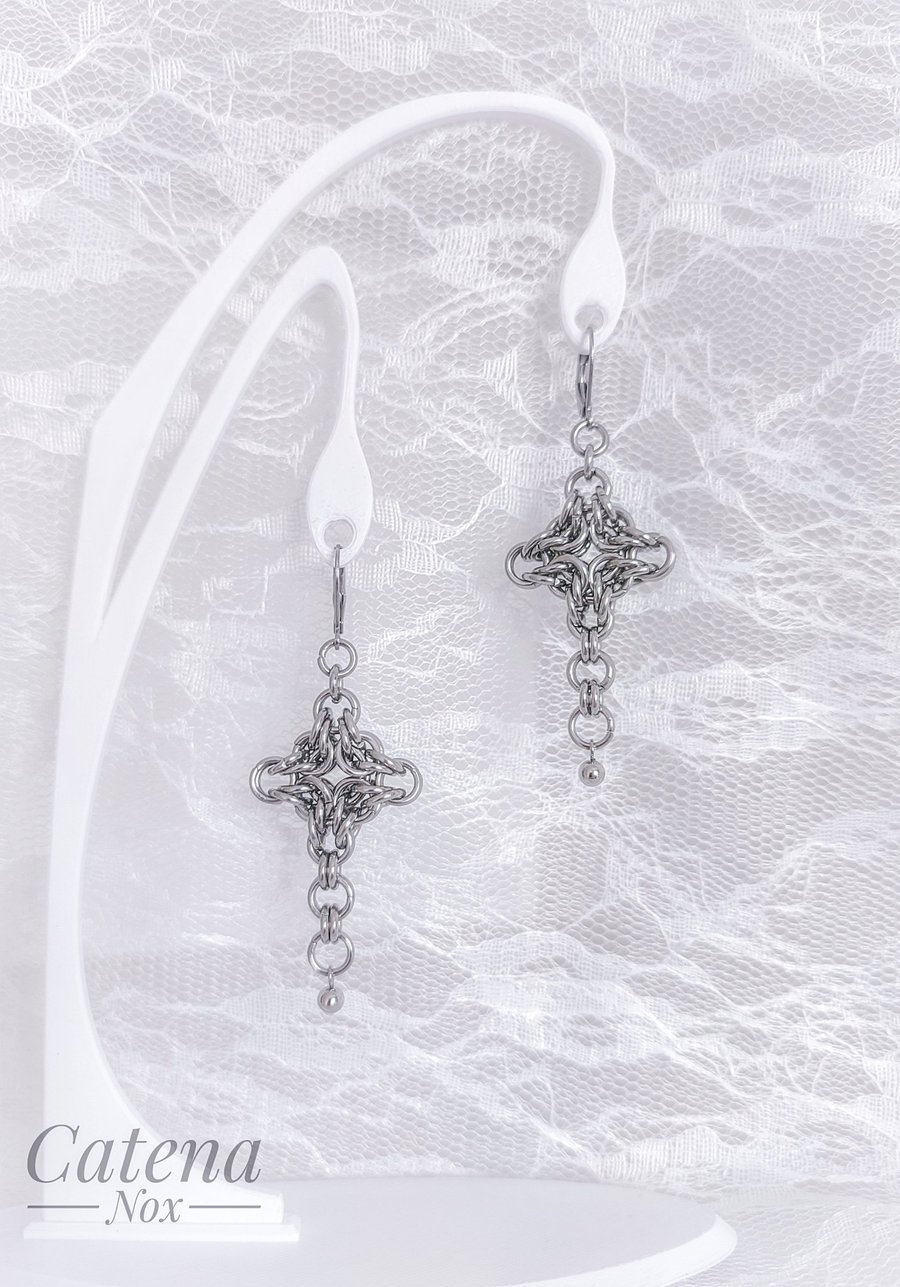Handcrafted Chainmaile Cross Spike Earrings: Stainless Steel Gothic