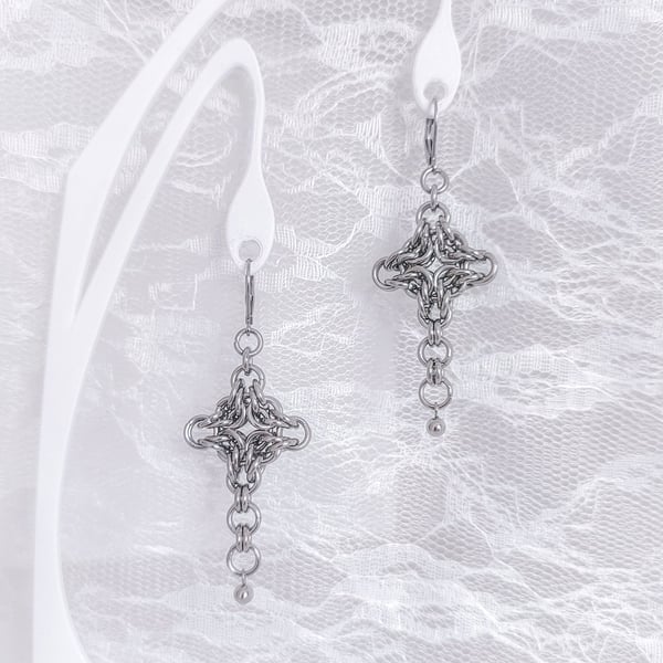 Handcrafted Chainmaile Cross Spike Earrings: Stainless Steel Gothic