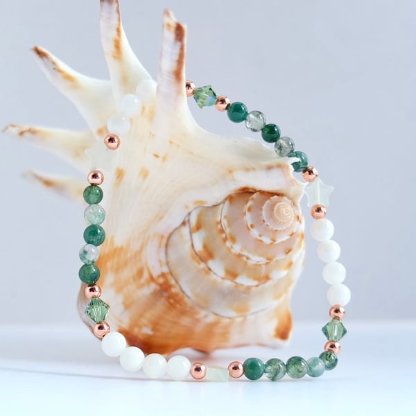 Moss Agate & Shell Bracelet With Jade Stars & Swarovski Crystals.