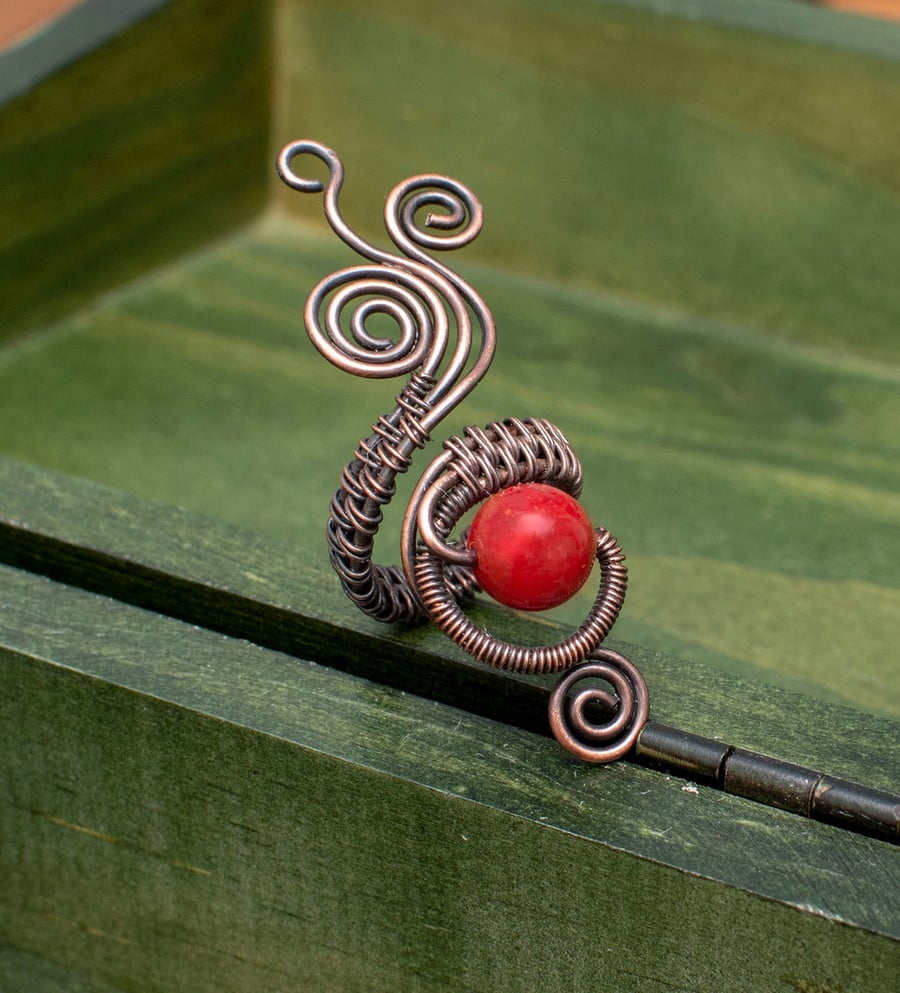 Copper wire ring,copper ring-adjustable, wire wrapped red agate ring.