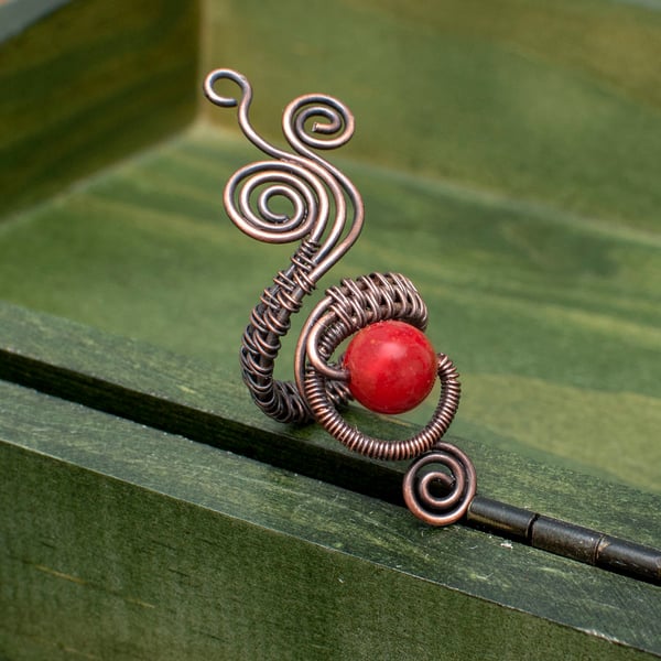Copper wire ring,copper ring-adjustable, wire wrapped red agate ring.