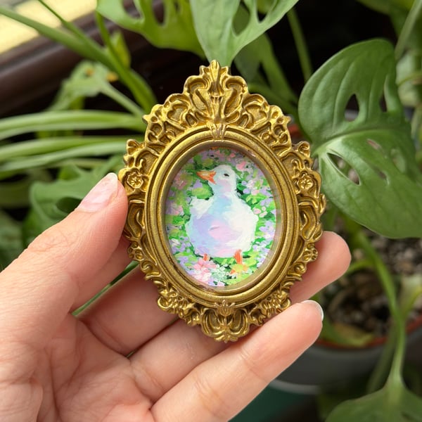 Duck acrylic painting in gold frame fridge magnet