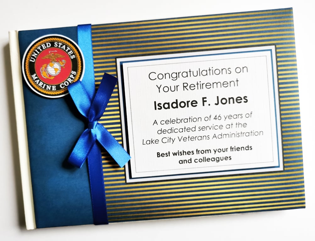 Royal blue and gold retirement guest book, retirement gift