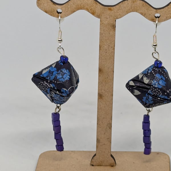 Origami earrings: Japanese Aizome Chiyogami paper and blue beads